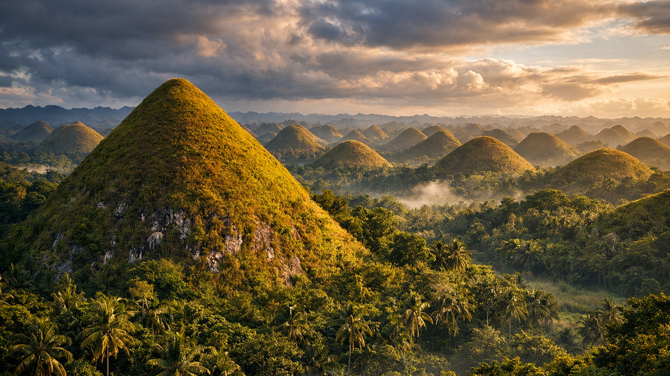 Chocolate Hills na filipínskom ostrove Bohol s pravidelnými kužeľovitými kopcami nad tropickým porastom
