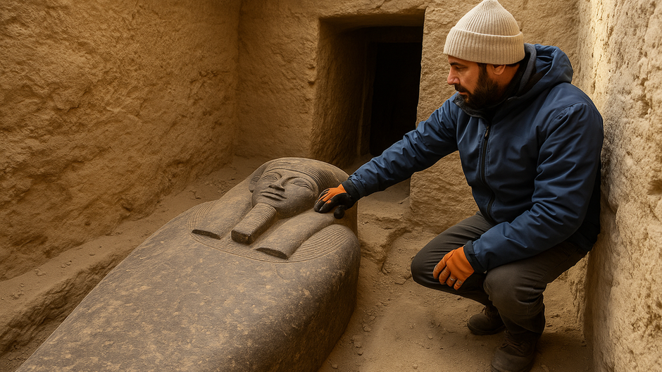 Archeológ skúma staroveký sarkofág v hrobke kráľovnej Sešsešet v Sakkáre, Egypt.