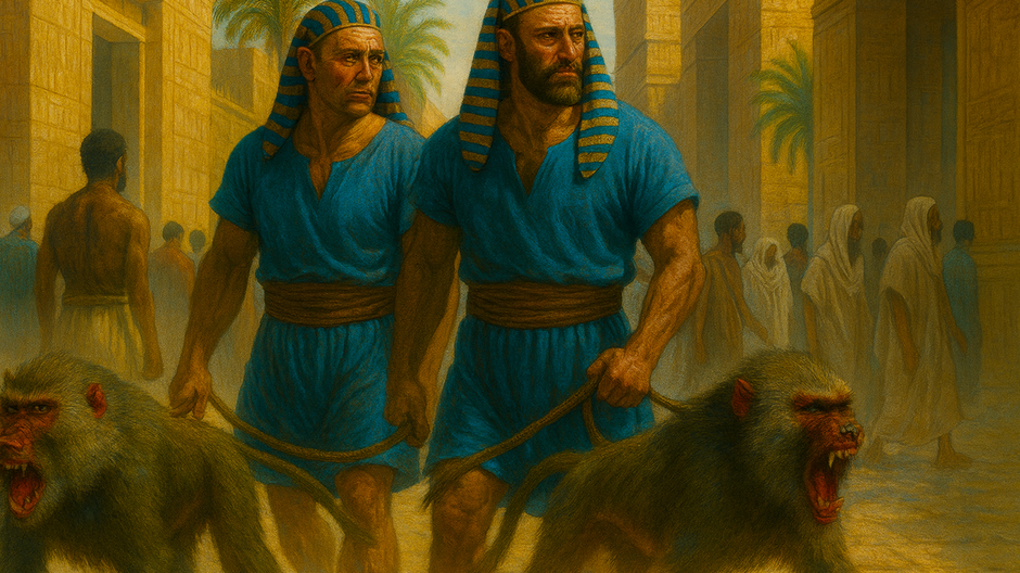 Realistická olejomaľba starovekého Egypta so strážnikmi, ktorí vedú rozbesnené paviany ulicou medzi pieskovcovými stavbami