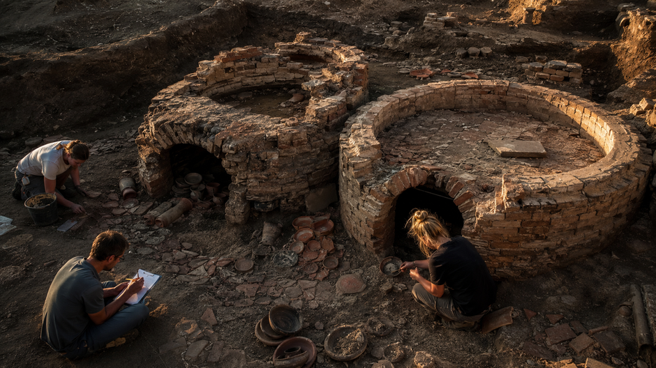 Archeologický výskum rímskej hrnčiarskej dielne s pecami a keramickými úlomkami v Rakúsku.