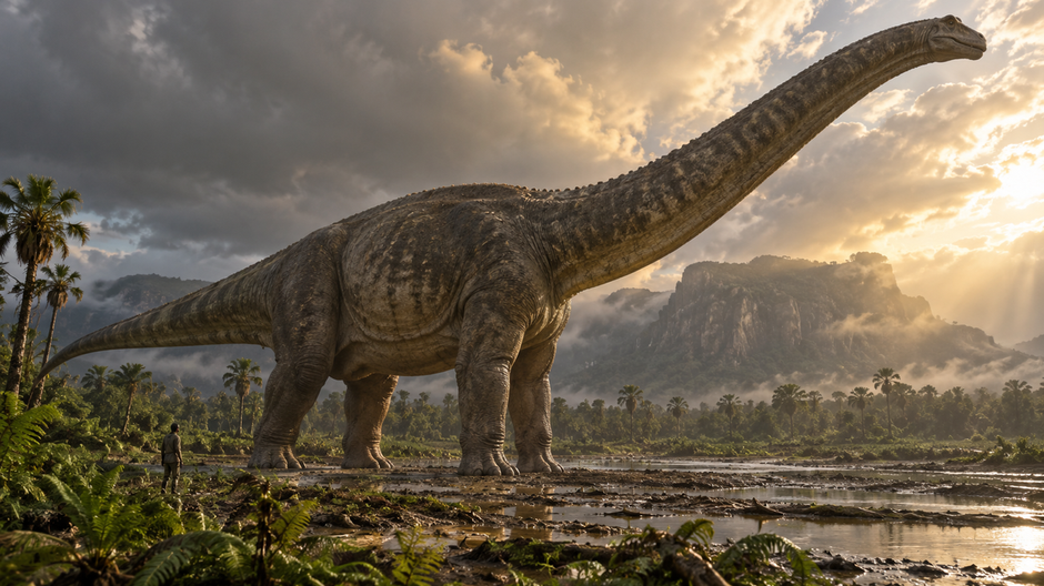Rekonštrukcia obrovského sauropóda Bruhathkayosaurus v pravekej Indii.