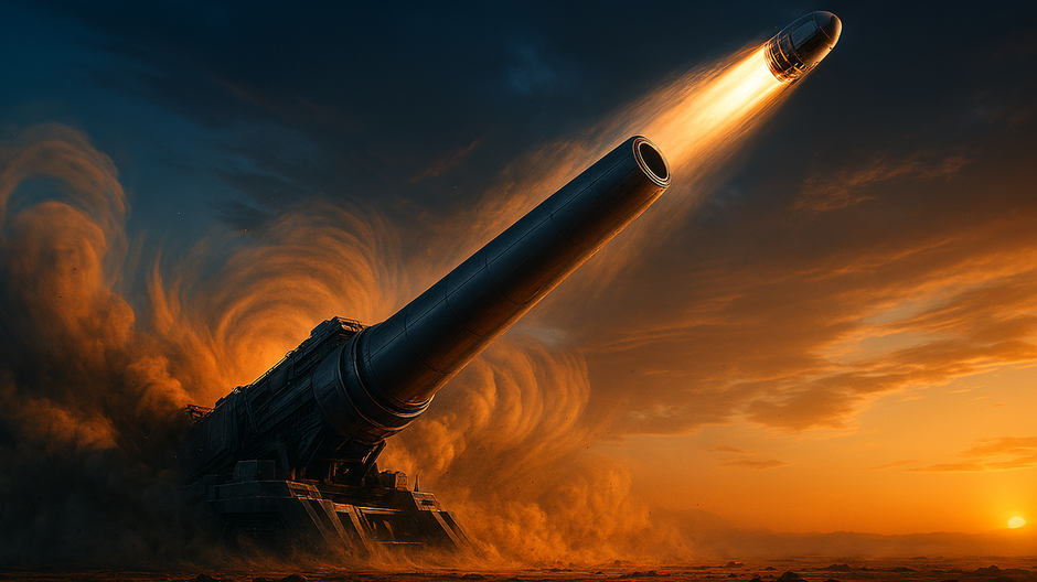 Hypersonické delo v púštnej krajine vystreľuje projektil do oblohy počas dramatického západu slnka, obklopené dymom, ohňom a prachom v štýle filmového sci-fi.