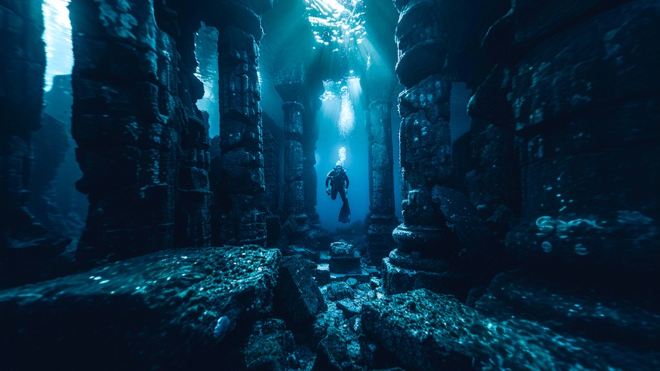 diver-sea-surrounded-by-archeological-building-ruins 