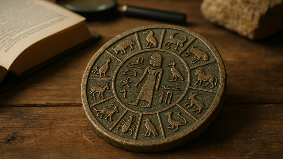 Detail bronzovej matrice s vyrytými symbolmi pripomínajúcimi egyptský zverokruh, nájdenej v Transylvánii