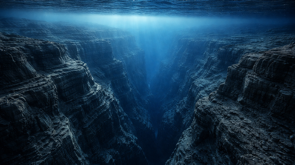 Fotorealistická geologická vizualizácia masívneho podmorského kaňonu pod Atlantickým oceánom v blízkosti Portugalska, s dramatickým mierkovým kontrastom porovnateľným s Grand Canyonom, výraznými vrstvenými horninovými stenami, hlbokými modrými tónmi oceán