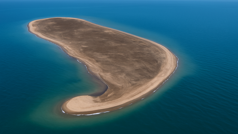 Letecký záber na novoobjavený ostrov v severnej časti Kaspického mora so svetlohnedým pobrežím a modrou vodou