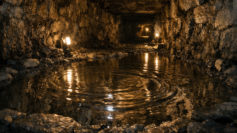 Interiér úzkeho kamenného tunela pod pyramidálnym komplexom v Teotihuacane, osvetlený teplými pracovnými svetlami, s plytkým jazierkom tekutej ortuti odrážajúcim svetlo a vytvárajúcim jemné vlny na kovovo lesklom povrchu.