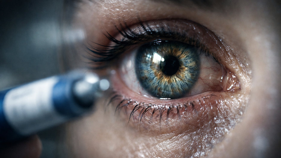 Detail ľudského oka s vizuálnym náznakom zhoršeného videnia a injekčného pera na chudnutie v popredí