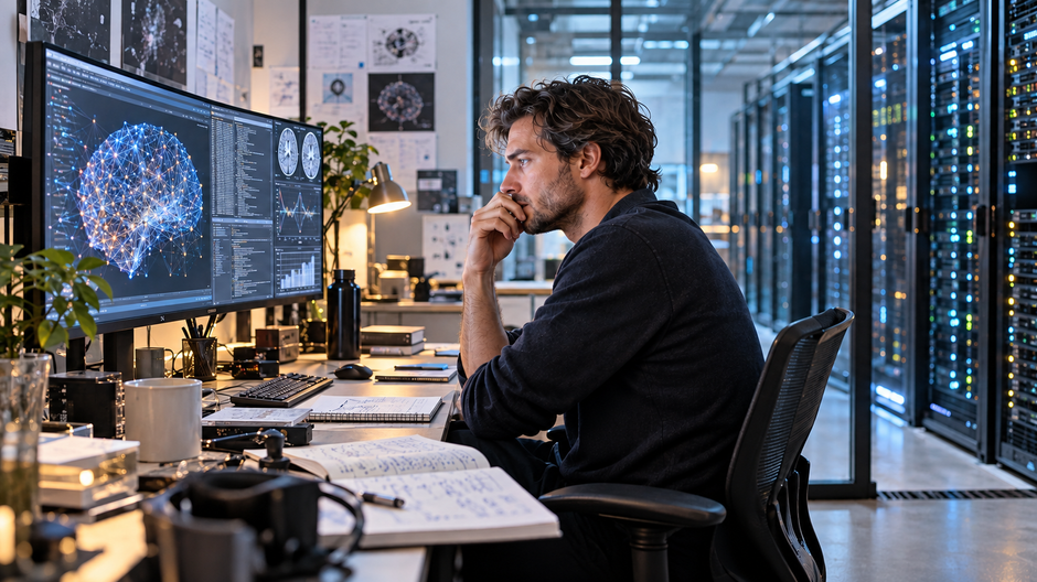 Výskumník sedí pred počítačom v tmavom laboratóriu umelej inteligencie plnom serverov.