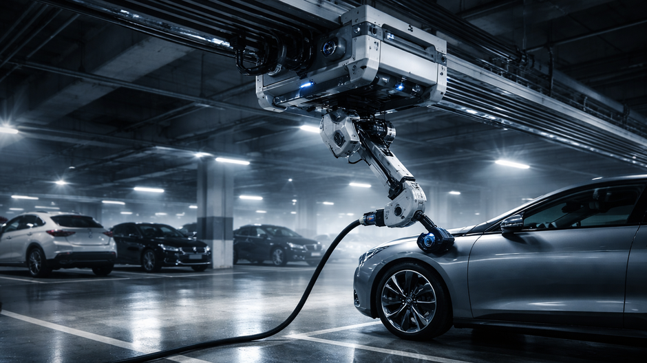 Interiér moderného viacpodlažného parkovacieho domu s koľajnicovým systémom na strope, kde robotické rameno automaticky pripája nabíjací kábel k zaparkovanému elektromobilu, s modro-bielymi LED odrazmi na lesklej betónovej podlahe.