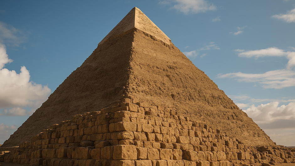 Fotorealistický záber Veľkej pyramídy v Gíze s ostrými detailmi v spodných kamenných blokoch a zachovanými hladkými vrstvami pri vrchole, pod modrou oblohou s oblakmi