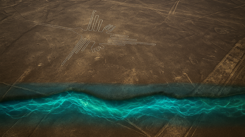 letecký pohľad na línie Nazca v púšti, pod ktorými sa nachádzajú podzemné vodné kanály