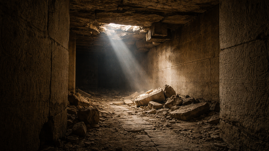 Fotorealistický interiér pyramídy faraóna Sahureho v Abusíre s úzkou kamennou chodbou vedúcou do tmavej komnaty, dramatický šikmý lúč svetla prenikajúci cez otvor v strope, prach vznášajúci sa vo vzduchu, popraskaná podlaha a popadané vápencové bloky bez 