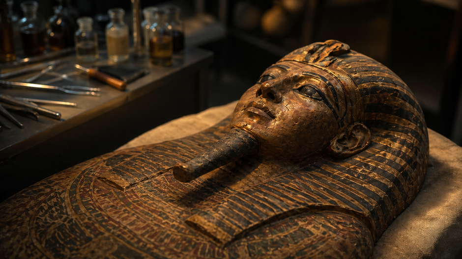 Staroveká egyptská múmia v tmavom laboratóriu počas vedeckého skúmania záhadných chemických stôp.