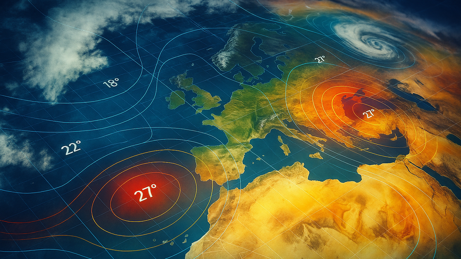Meteorologická vizualizácia Európy so satelitnými mrakmi, teplotnými poliami a tlakovými hladinami v štýle moderných predpovedných máp.