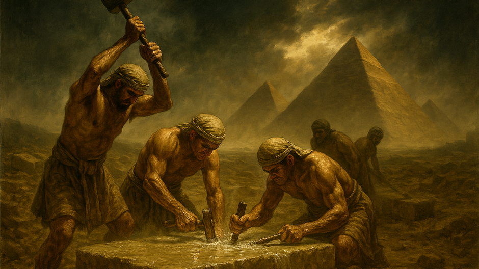 Staroegyptskí kamenári pri opracovávaní vápencového bloku neďaleko pyramíd v Gíze