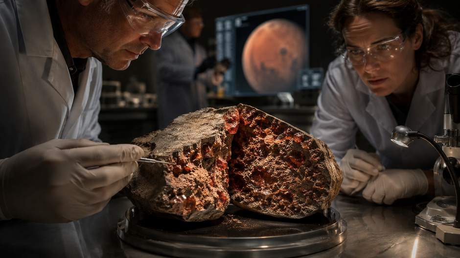 Vedci skúmajú marťanský meteorit s viditeľnými kryštálmi granátu, ktoré môžu prezradiť dávnu prítomnosť vody na Marse.