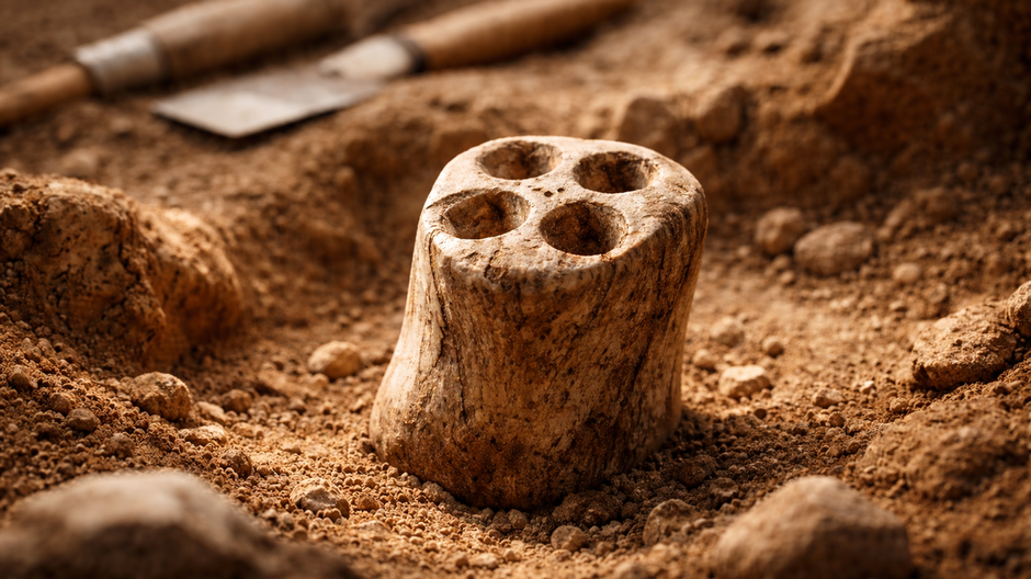 Prastarý kostený predmet podobný hracej kocke leží v archeologickom výkope v dramatickom svetle.