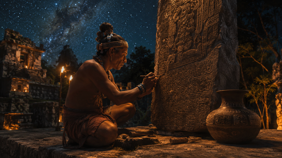 Rekonštrukcia mayského astronóma a pisára pri tvorbe hieroglyfických záznamov pod nočnou oblohou.