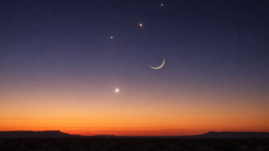 Súmraková obloha nad plochým západným horizontom krátko po západe Slnka, jasná Venuša nízko nad obzorom, tenký kosáčik Mesiaca v jej blízkosti a vyššie položené planéty Merkúr a Saturn v prirodzenom planetárnom zarovnaní, s jemným prechodom farieb od oran