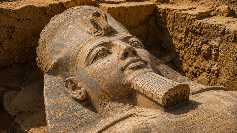 Kolosálna socha faraóna Ramzesa II. v egyptskom El Ashmunein po objavení jej dlho stratenej hornej polovice.
