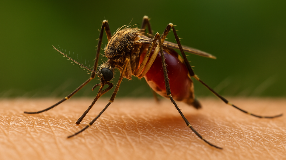 Komár sajúci krv osoby, ilustrujúci účinok nitisinonu na komáre