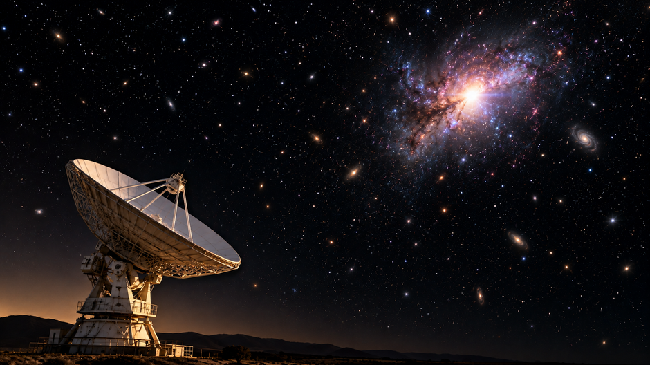 Rádioteleskop namierený na vzdialenú galaxiu pod hviezdnou oblohou, ilustračné zobrazenie pátrania po zdroji záhadného rádiového záblesku FRB 20240304B.