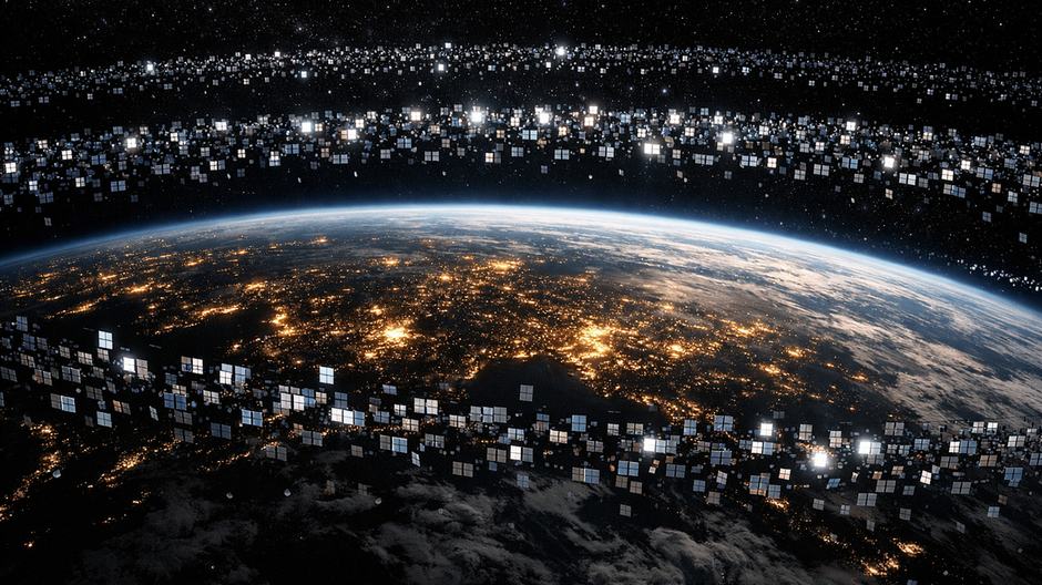 Pohľad z vesmíru na nočnú Zem s viditeľným zakrivením planéty, nad ktorou sa nachádzajú husté orbitálne prstence tisícov malých satelitov s odrazmi svetla na solárnych paneloch.