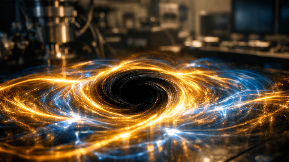 Fotorealistická ilustrácia tmavého víru vo svetelnej vlne v modernom laboratóriu.