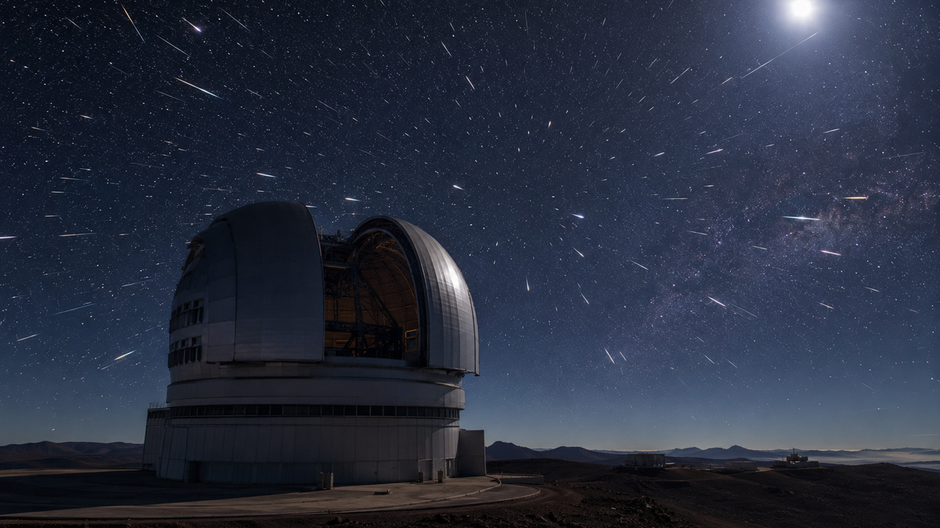Stovky satelitov prelietavajú nad observatóriom v púšti Atacama počas jasnej nočnej oblohy.