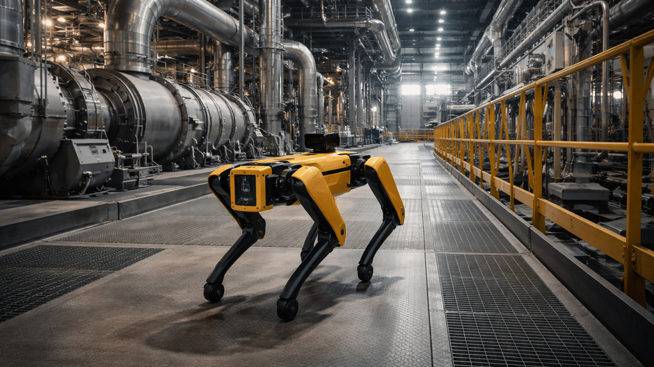Fotorealistický dokumentárny záber robotického psa Boston Dynamics Spot kráčajúceho cez modernú priemyselnú elektráreň vo Viedni, obklopeného kovovými potrubiami, turbínami a technologickou infraštruktúrou