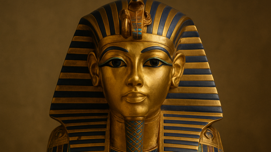 Zlatá pohrebná maska faraóna Tutanchamóna s detailne vyobrazenými očami, hlavou kobry a modro-zlatou pokrývkou hlavy