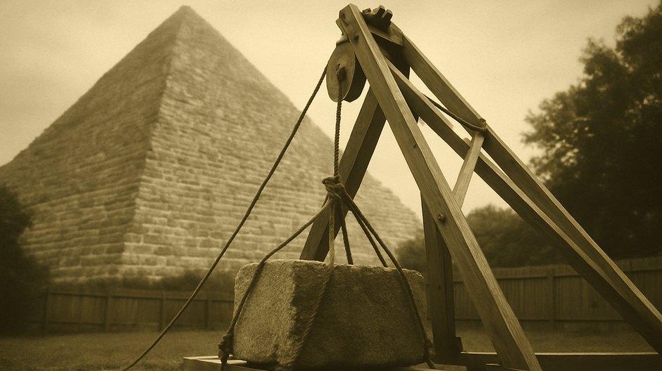 Drevený zdvíhací systém v záhrade, ktorý Roger Larsen použil na experiment so zdvíhaním niekoľkotonových blokov.