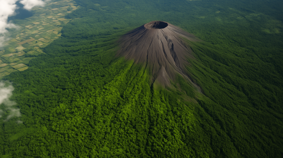 Letecký záber aktívnej sopky so zalesnenými svahmi a okolitými poľami, zachytený počas dňa z vesmíru, využívaný na monitorovanie pred erupciami
