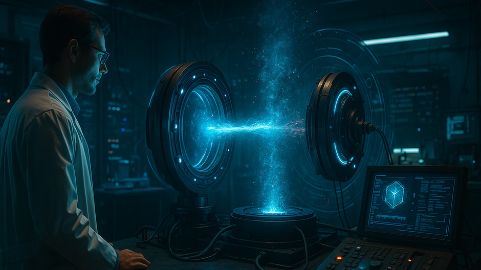 Futuristické laboratórium s modro žiariacou kvantovou teleportáciou medzi dvoma prístrojmi