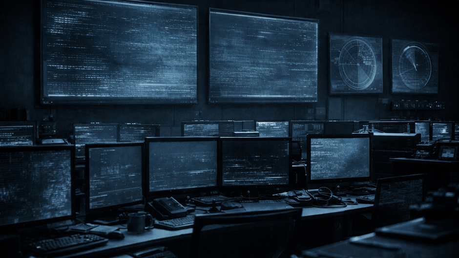 Tmavé moderné veliteľské centrum s vypnutými obrazovkami a radarovými displejmi v studenom modrom svetle