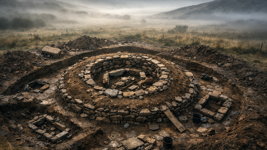 Fotorealistický letecký pohľad na archeologický výkop bronzovodobej mohyly v škótskej krajine. Kameňmi ohraničený kruhový hrob s pozostatkami a keramickou nádobou je obklopený menšími hrobmi a obklopený jemnou rannou hmlou.