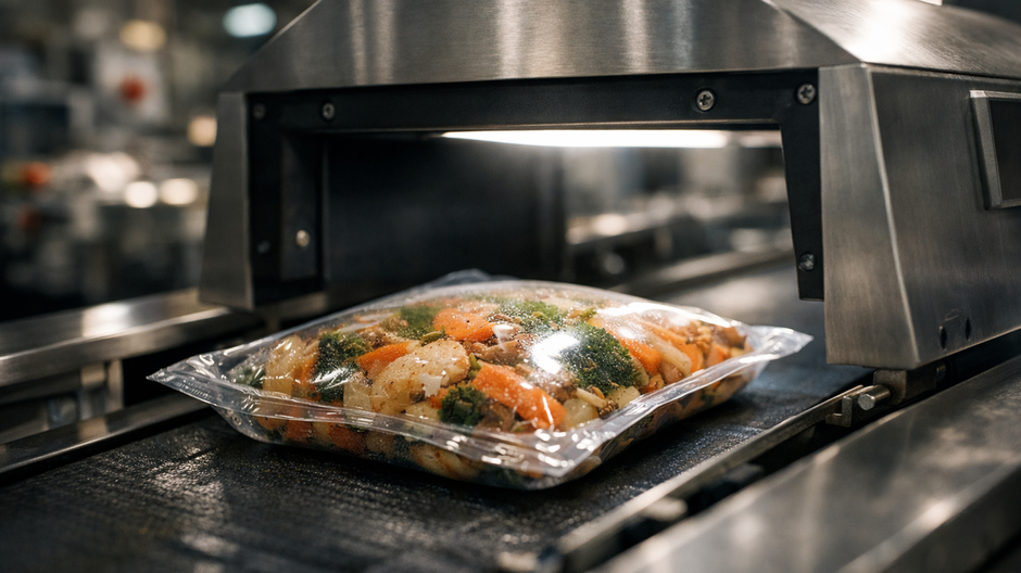 Moderné potravinové obaly na automatizovanej výrobnej linke počas kontroly kvality v európskej továrni