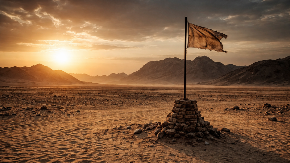 Pustá púštna krajina Bir Tawil na hranici Egypta a Sudánu s osamelým hraničným bodom a dramatickým večerným svetlom