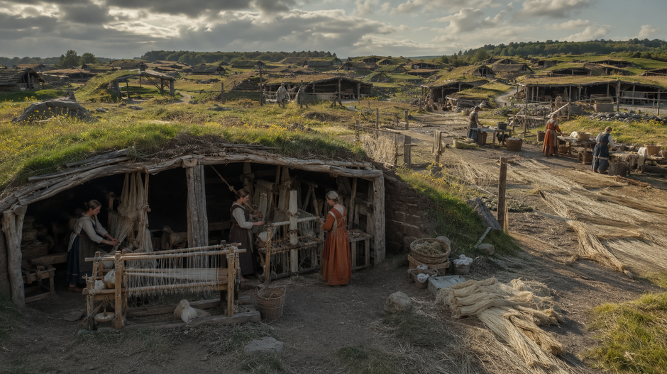 Rekonštrukcia rozsiahlej vikingskej osady na výrobu textilu v Dánsku s dielňami a tkáčskymi stavmi.  VIDEO TIP