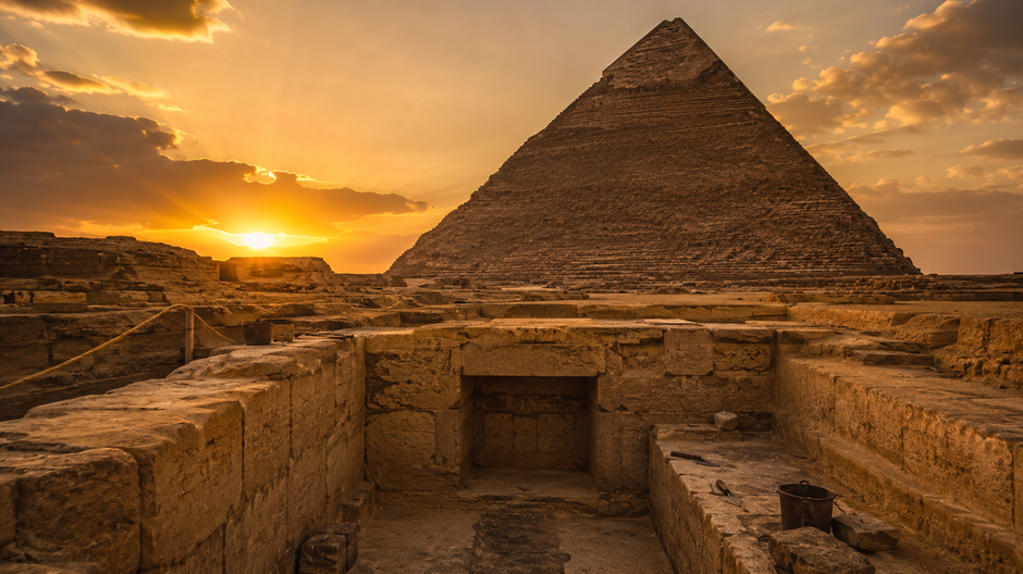 Veľká pyramída v Gíze a archeologické vykopávky starovekej hrobky v Egypte.