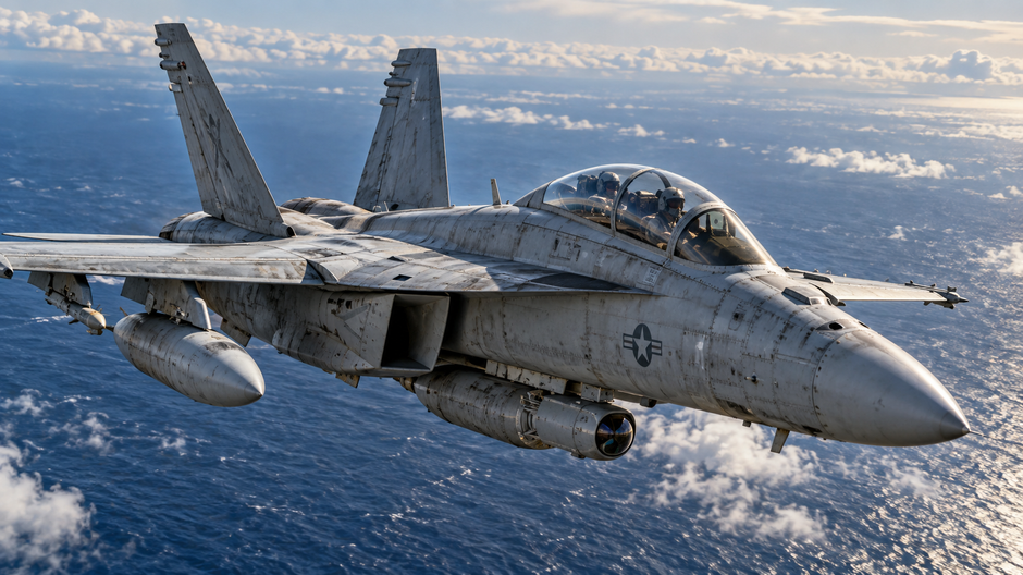 Ilustračný záber stíhačky F/A-18F amerického námorníctva letiacej nad oceánom.
