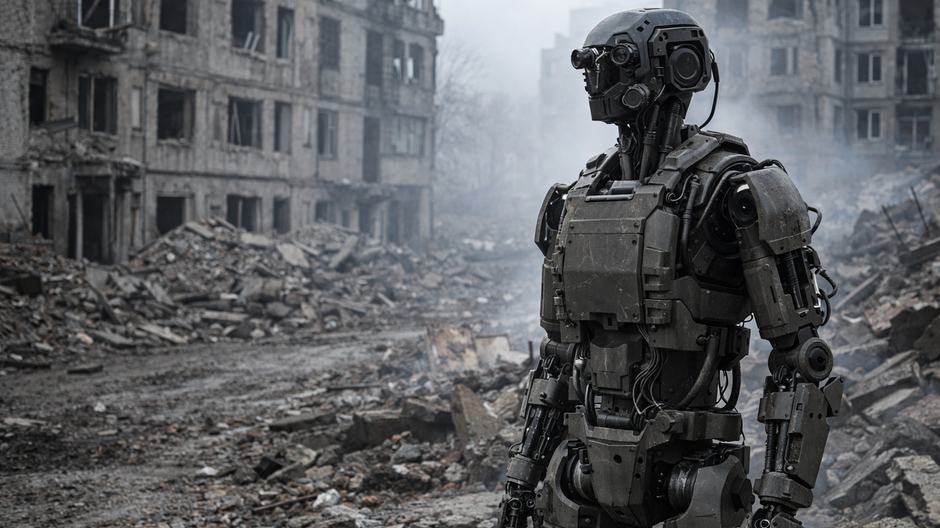 Fotorealistický humanoidný vojenský robot s kamerami namiesto tváre stojí v zničenej mestskej zóne