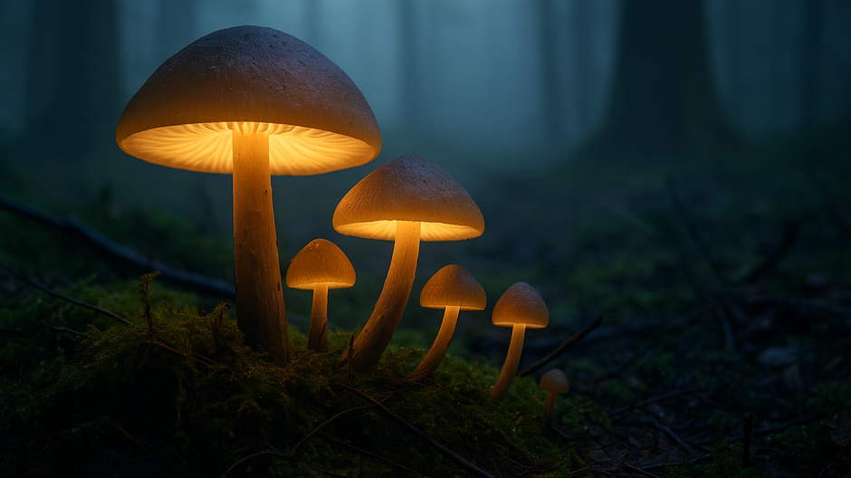 Fotorealistické huby žiariace v hmlistom lese pri súmraku, detailný pohľad na skupinu húb v machu