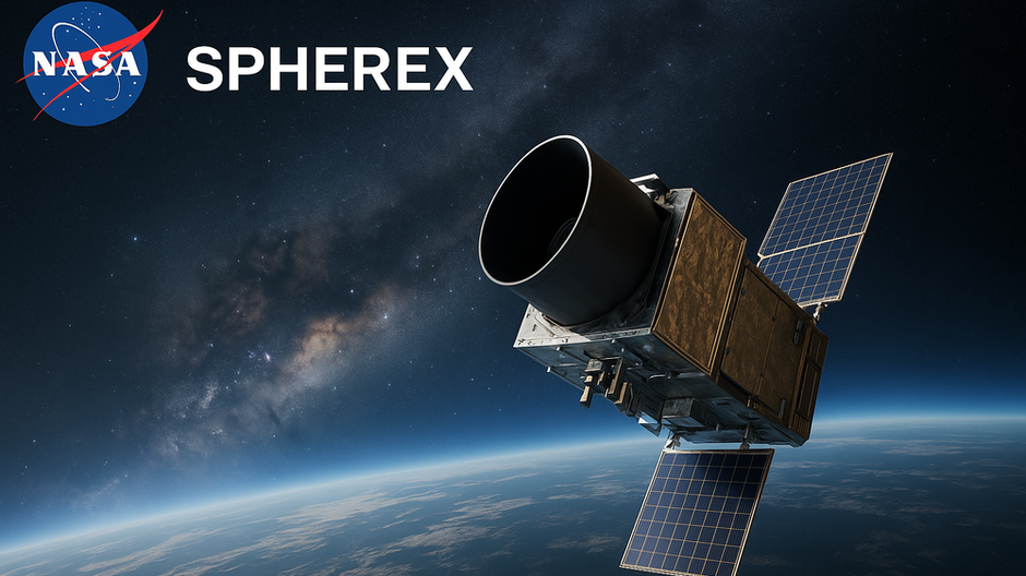 NASA teleskop SPHEREx na obežnej dráhe Zeme pri mapovaní vesmíru, s hviezdnym pozadím a Mliečnou cestou.