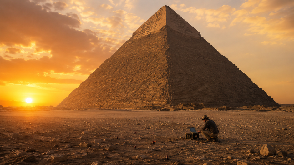 Veľká pyramída v Gíze pri východe slnka s vedcom merajúcim vibrácie v púšti.