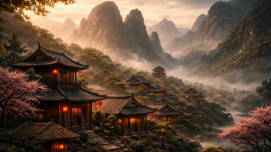 Staroveké čínske domy s tradičnými strechami na úpätí hmlistých čínskych hôr, obklopené stromami a jemným ranným svetlom.