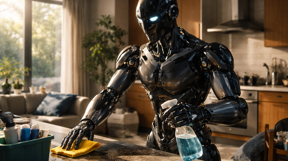 Humanoidný robot Panther upratuje a manipuluje s predmetmi v modernej domácej kuchyni.