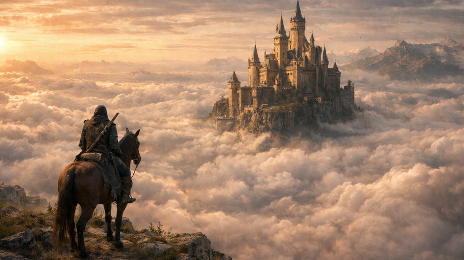 Osamelý jazdec na koni stojí na skalnom útesu a pozerá na majestátny kamenný hrad týčiaci sa nad morom oblakov, v teplom zlatom svetle zapadajúceho slnka, filmová fantasy atmosféra