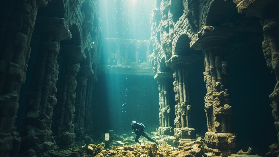 diver-exploring-archeological-underwater-building-ruins 